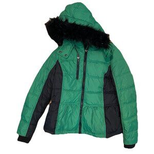 A.N.A Women's L Green Hoodie  Puffer Jacket Coat Removable Hood Faux Fur